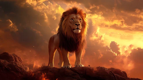 Majestic lion stands over fiery rocks at blazing sunset.