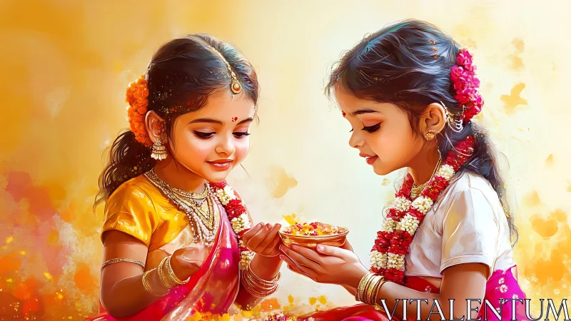 Two Young Girls Exchanging Sweets in Traditional Festive Attire.