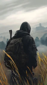 Hooded figure with backpack surveys distant rural landscape