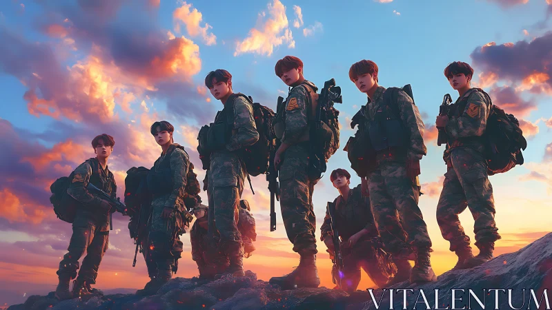 Digital military squad at sunset with cinematic composition.