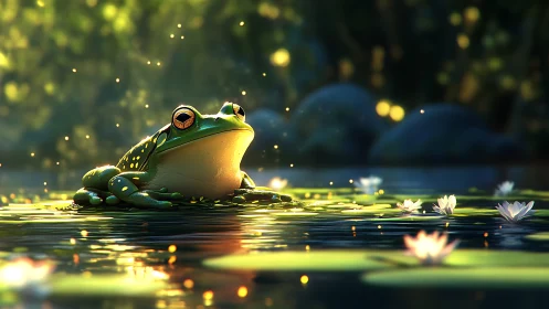 3D frog on sunlit lily pond with glowing bokeh light.