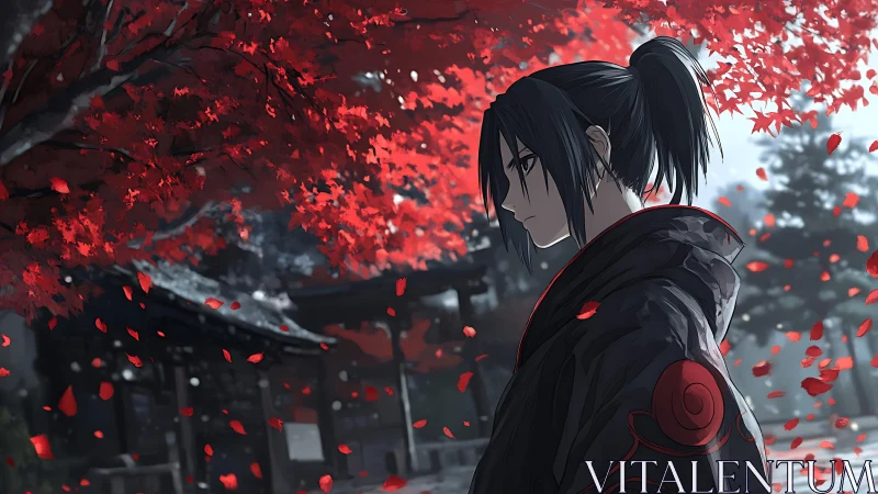 Quiet warrior pauses beneath a storm of crimson leaves