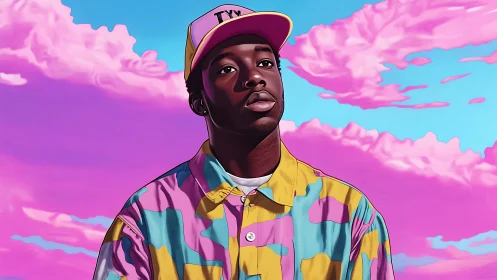 Pastel sky dreamer in candy clouds and bold streetwear.