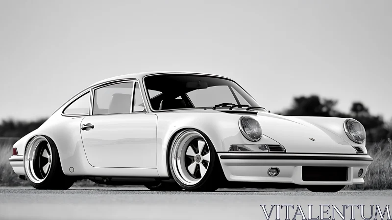 White classic sports coupe with wide stance on open road.