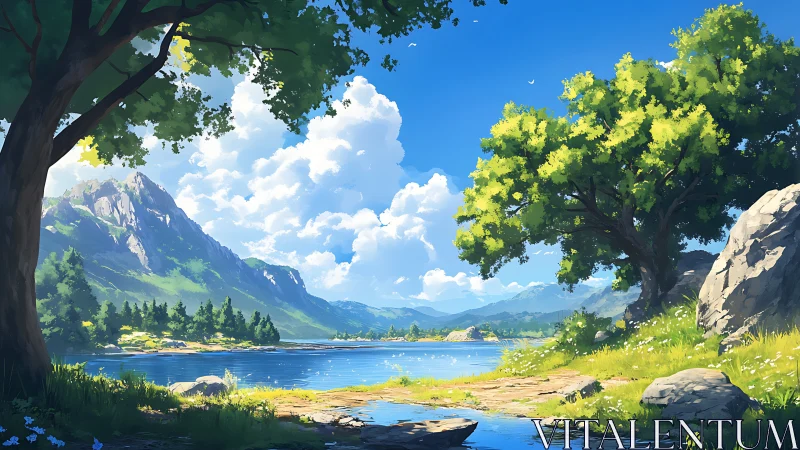 Sunlit lakeside valley beneath towering summer mountains.