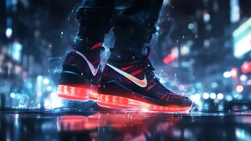 Neon-lit athletic sneakers are displayed on a wet urban street