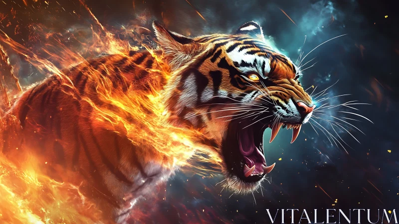 Fiery roaring tiger profile amid combusting plasma vortex