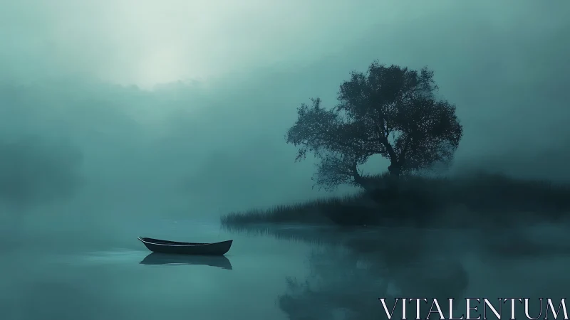 Solitary rowboat on misty lake beside silhouetted tree.