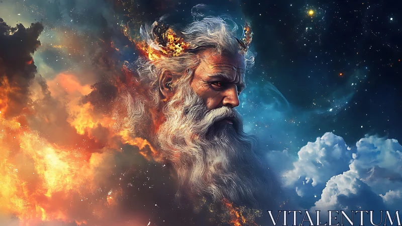 Mythic deity portrait merges fiery nebula with cold starfield
