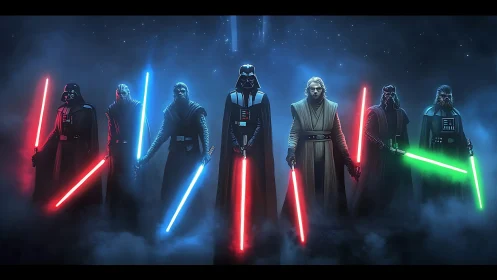 Seven hooded warriors ignite neon blades in cosmic fog