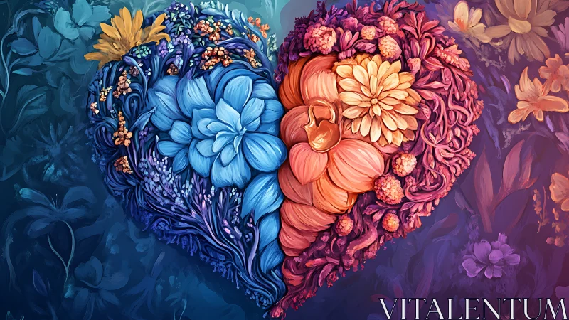 Floral Heart Split Design: Blue Left, Orange Right.