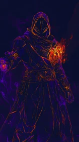 Hooded flamecaster wrapped in neon twilight energy.