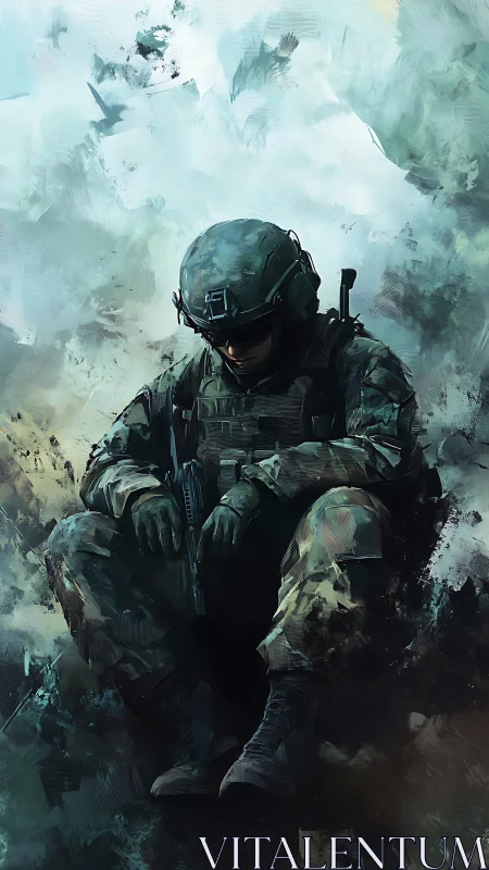 Solitary soldier rests in misty battlefield abstraction