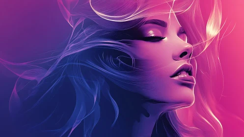 Neon-gradient female portrait in flowing vector linework.