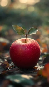 Red apple rests on forest floor in warm backlight bokeh