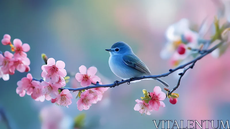 Blue Bird Perched on Cherry Blossom Branch.