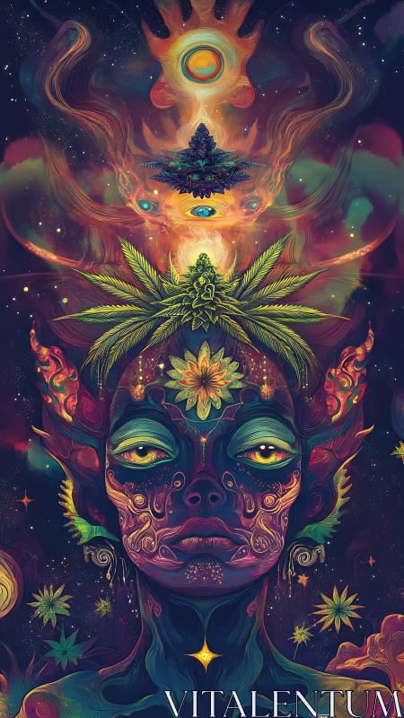 Psychedelic cosmic deity portrait with cannabis mandala crown