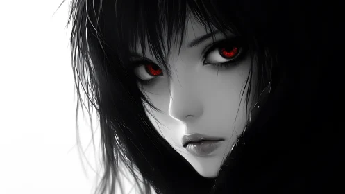 Crimson‑eyed midnight watcher wrapped in monochrome hush.