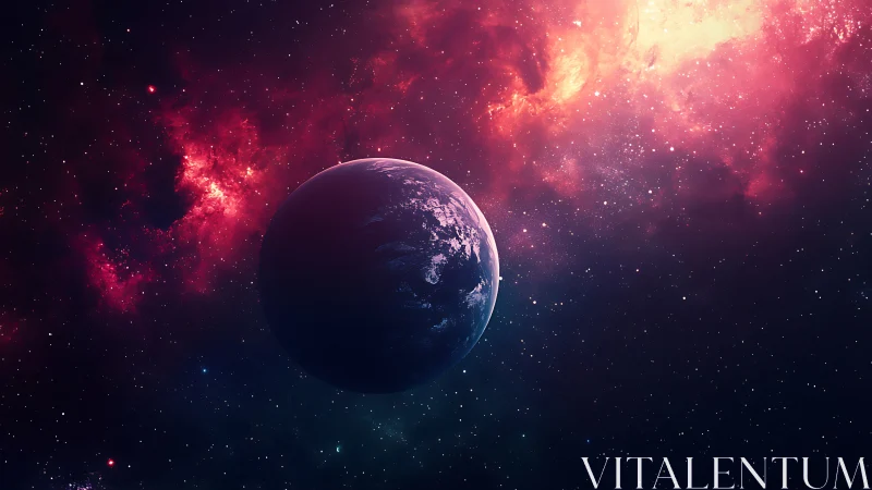 Digital cosmic vista with illuminated planet and nebula field.
