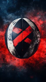 Rugby ball ignites in cosmic red and blue energy storm