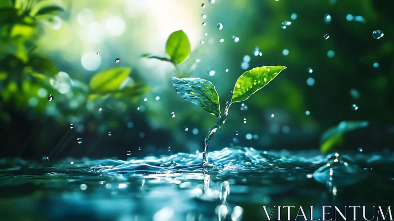 Tender green seedling rises through rainlit rippling water