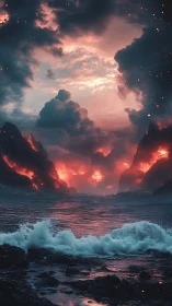 Molten Skyline: Volcanic Coast Erupting Into Starlit Dusk.
