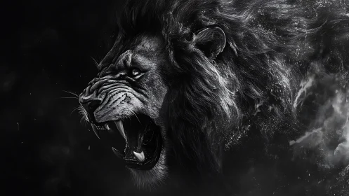 Roaring monochrome lion emerging from swirling darkness.