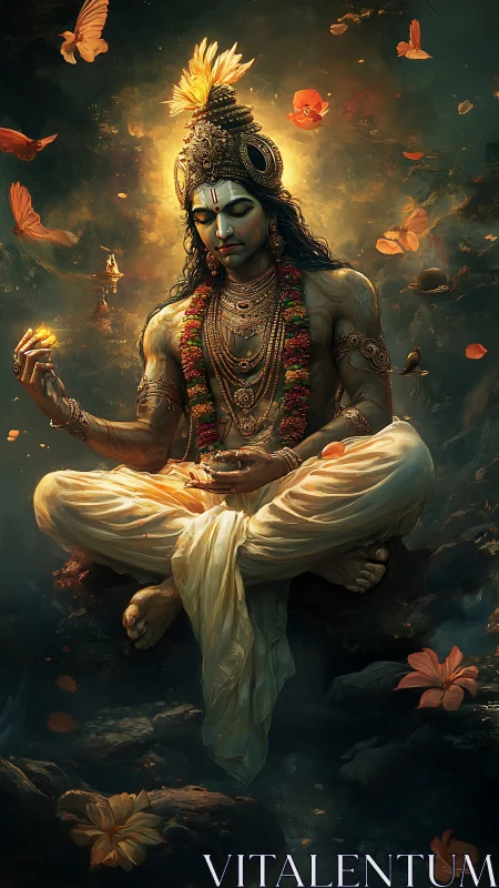 Luminous mystic in lotus calm amid swirling petals of dusk.