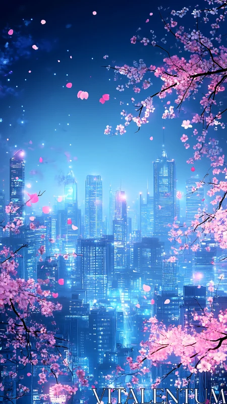 Neon city skyline glows behind drifting cherry blossoms at night