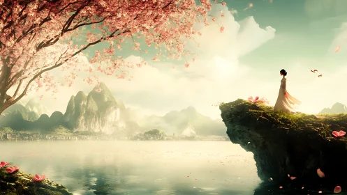 Serene woman on cliff beneath cherry blossoms at lake.