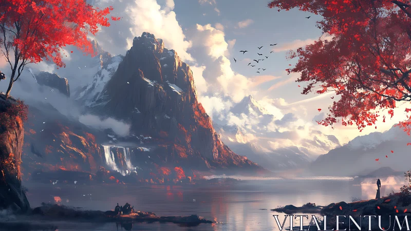 Snowy mountain lake framed by vivid red autumn trees