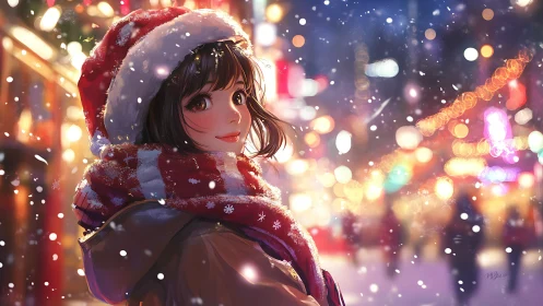 Smiling girl in Santa hat enjoys snowy city lights at night.