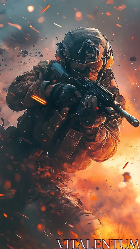 Focused soldier strides through firelit battlefield chaos.