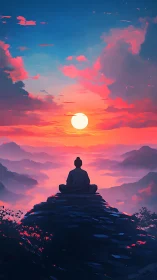 Meditative silhouette on peak under radiant neon sunset sky.