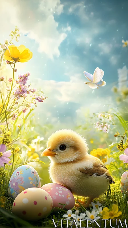 Easter chick among painted eggs in bright spring meadow.