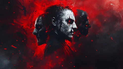 Three haunted faces emerge in a storm of red shadows