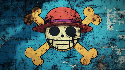 Skull-and-bones emblem with red hat on grunge blue wall.