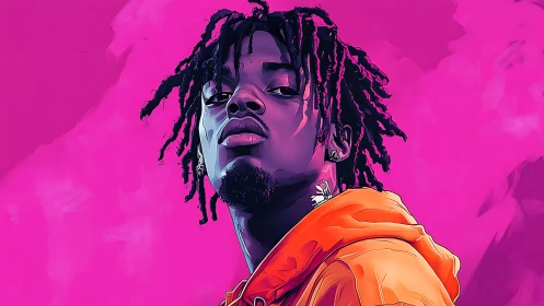 Bold digital portrait of confident man in orange hoodie.