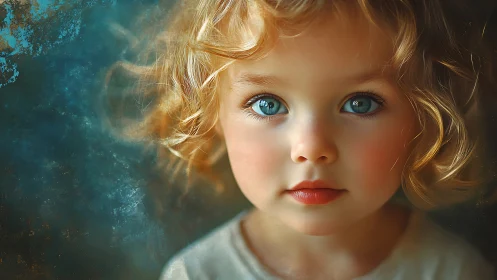 Digitally rendered child portrait with enhanced facial features and textured teal background