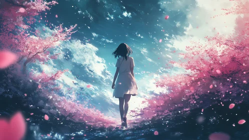 Backlit girl in dynamic sakura corridor under turbulent sky.