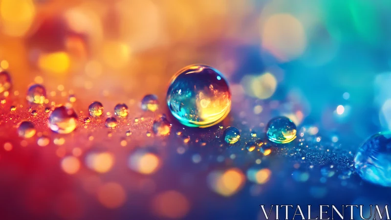 Macro view of water droplets on iridescent surface.