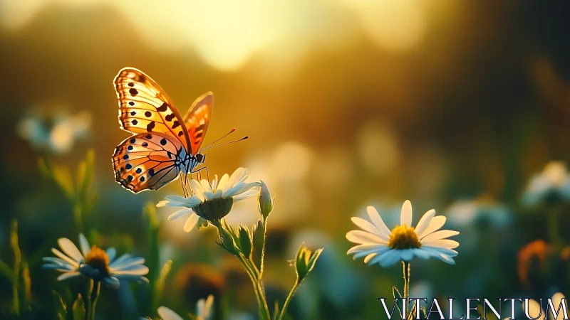 Orange butterfly on white daisy in warm sunset field.