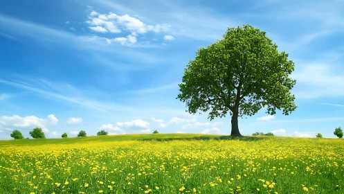 Lone spring tree rises over a bright yellow flower meadow