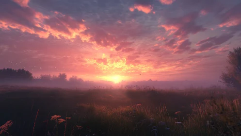 Radiant sunrise over misted meadow with vivid cloud canopy.