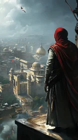 Hooded sentinel surveying domed desert metropolis from parapet.