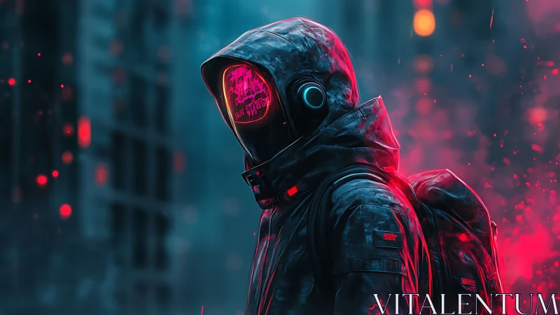 Hooded figure in neon-lit urban environment stands in profile