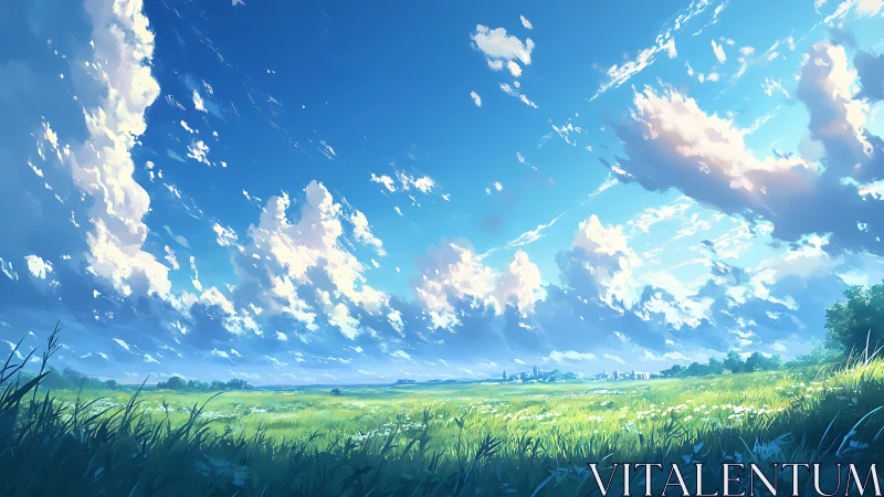 Wide-angle summer grassland under expansive cumulus sky