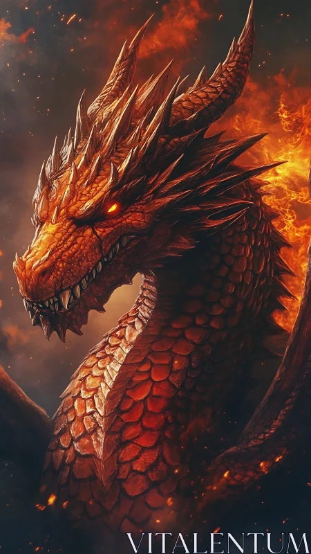 Fiery red dragon portrait with detailed scales and flames.