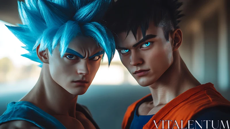 Blue-haired warriors with glowing eyes in urban corridor.