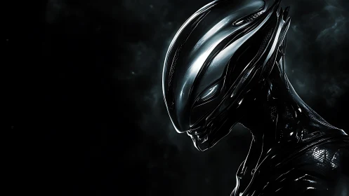 Sleek chrome alien cyborg head emerging from dark void